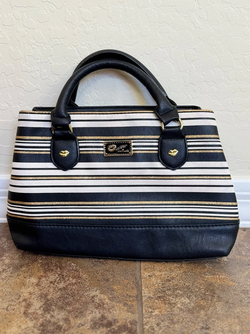 Luv Betsey by Betsey Johnson Striped Satchel Handbag Black White Gold Y2K